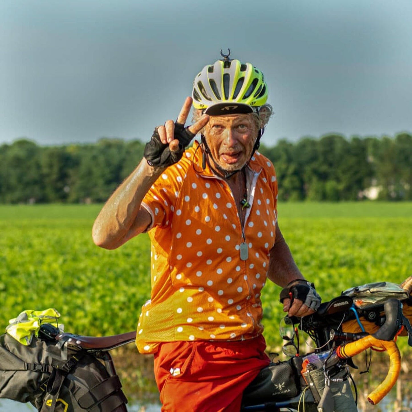 Men's High Viz White Polka Dots on Orange Short Sleeve Cycling Jersey