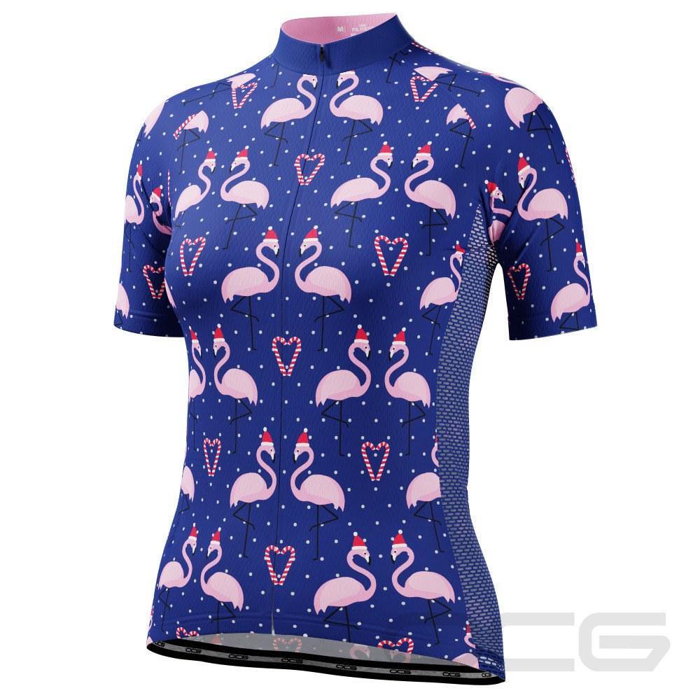 Women's Santa Flamingo Short Sleeve Cycling Jersey