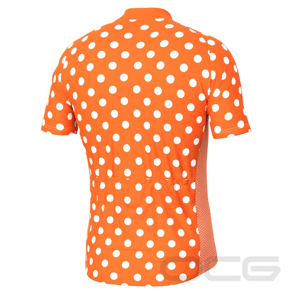 Men's High Viz White Polka Dots on Orange Short Sleeve Cycling Jersey