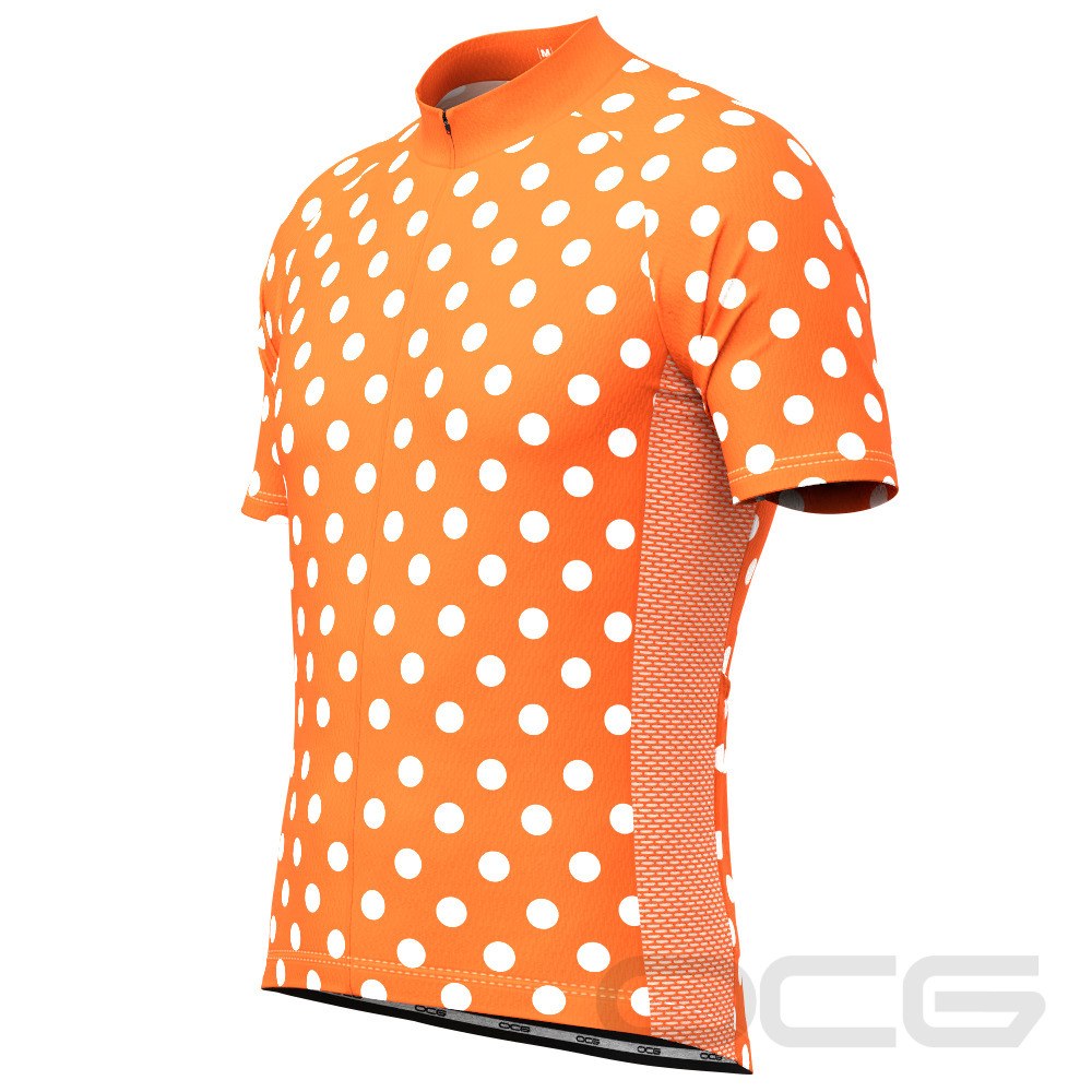 Men's High Viz White Polka Dots on Orange Short Sleeve Cycling Jersey