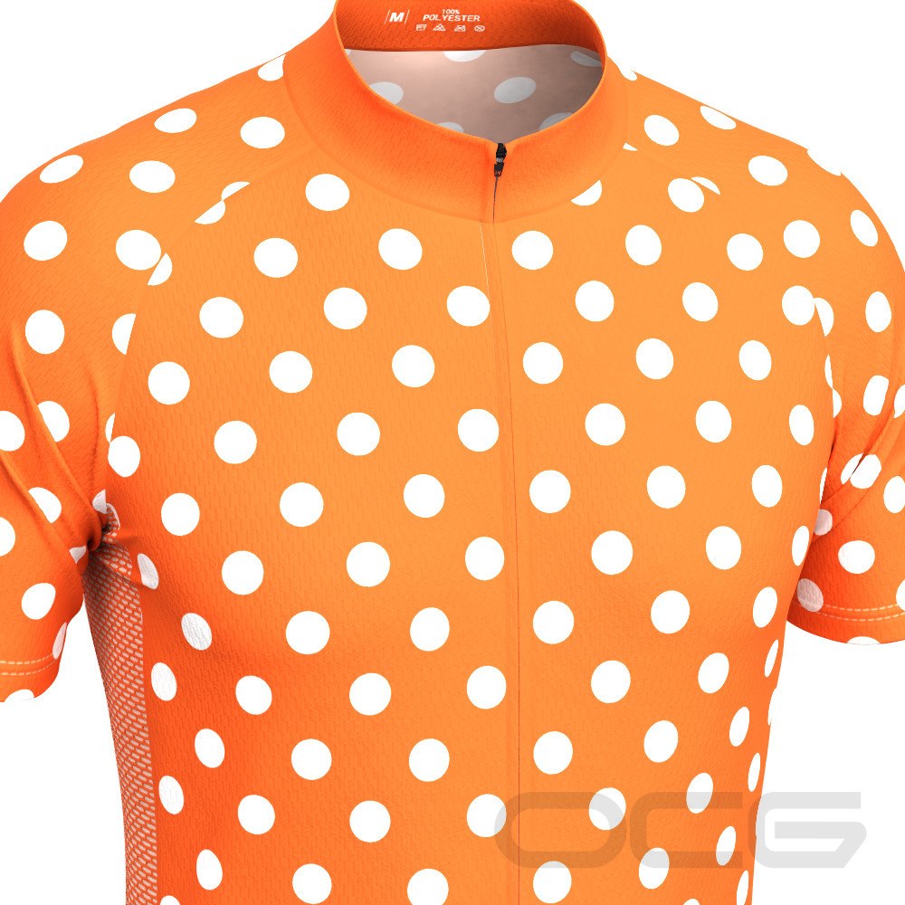 Men's High Viz White Polka Dots on Orange Short Sleeve Cycling Jersey