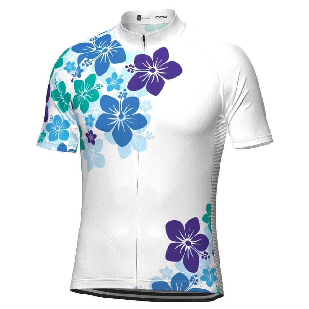 Men's Blue Hawaiian Floral Short Sleeve Cycling Jersey