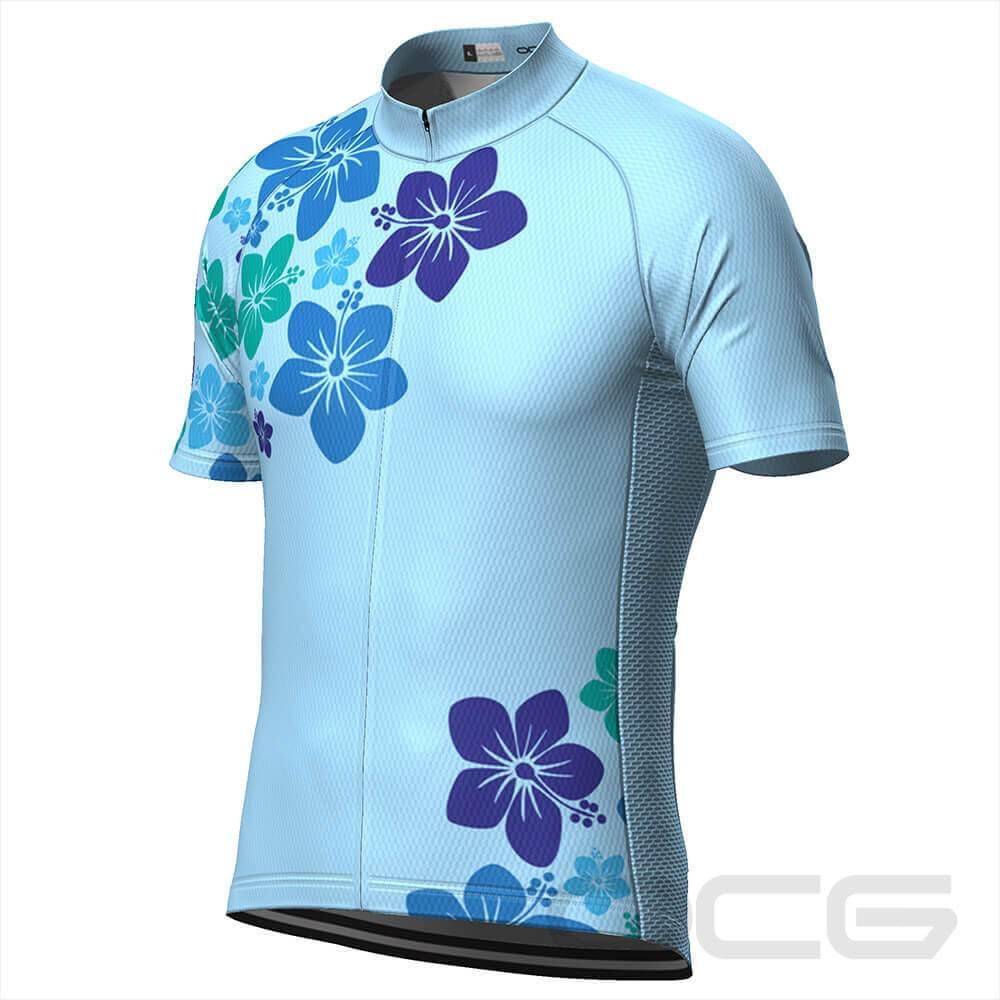 Men's Blue Hawaiian Floral Short Sleeve Cycling Jersey