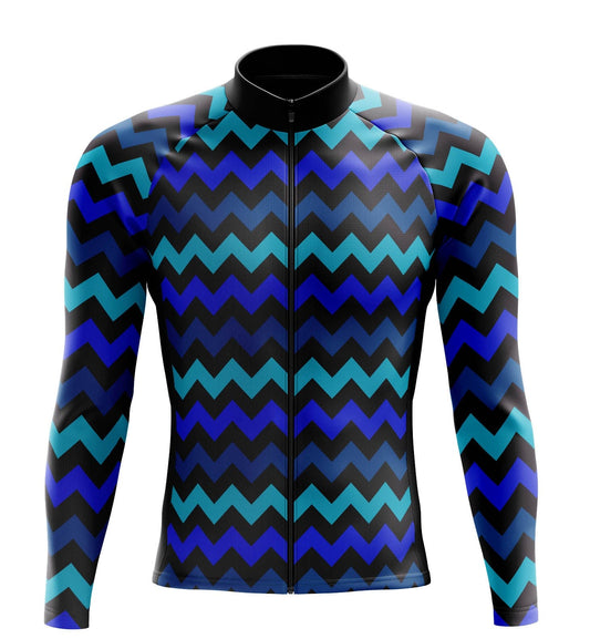 Men's Blue Zig Zag Long Sleeve Cycling Jersey