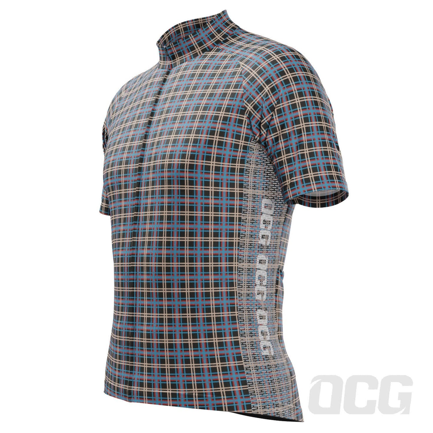 Men's Blue Plaid Checkered Short Sleeve Cycling Jersey