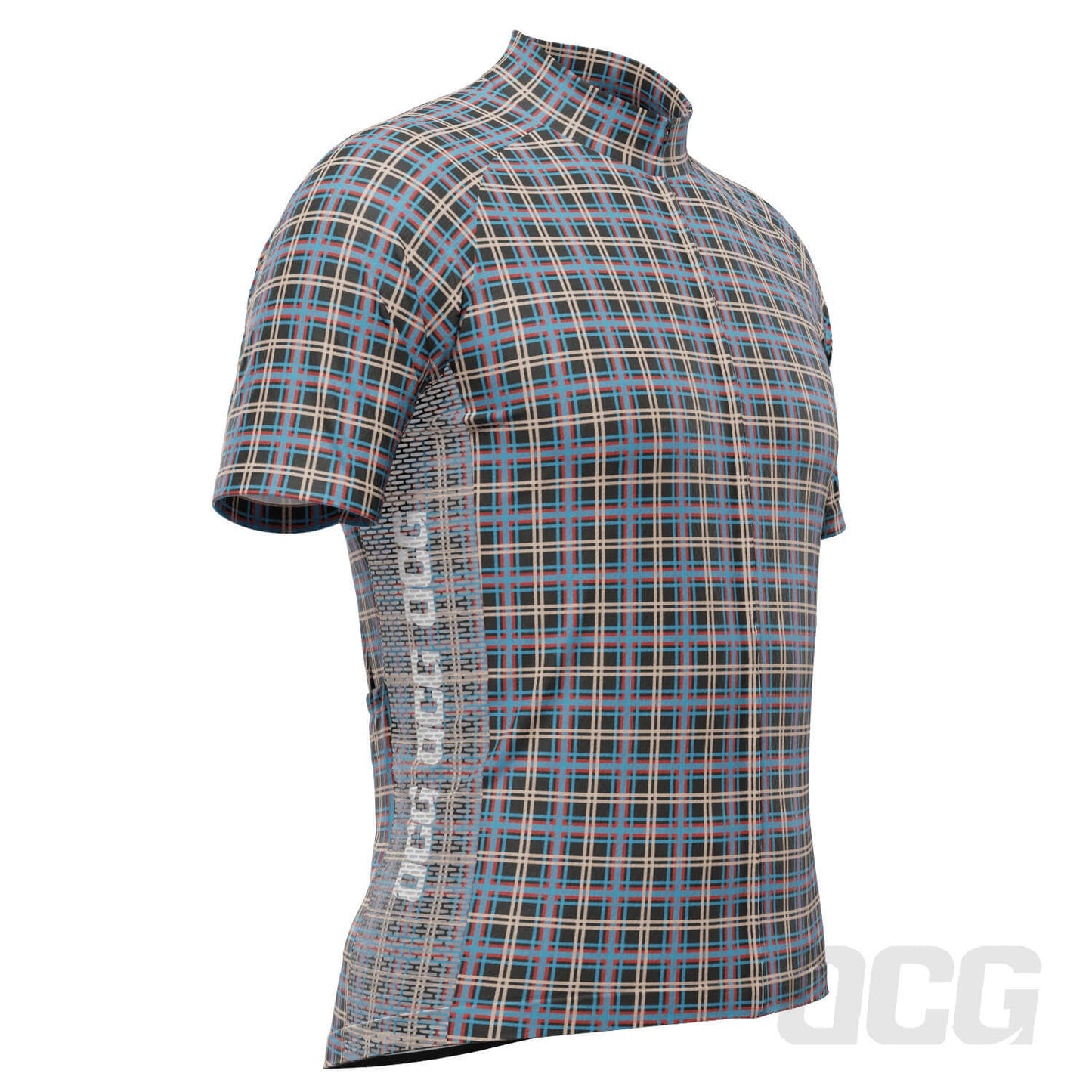 Men's Blue Plaid Checkered Short Sleeve Cycling Jersey