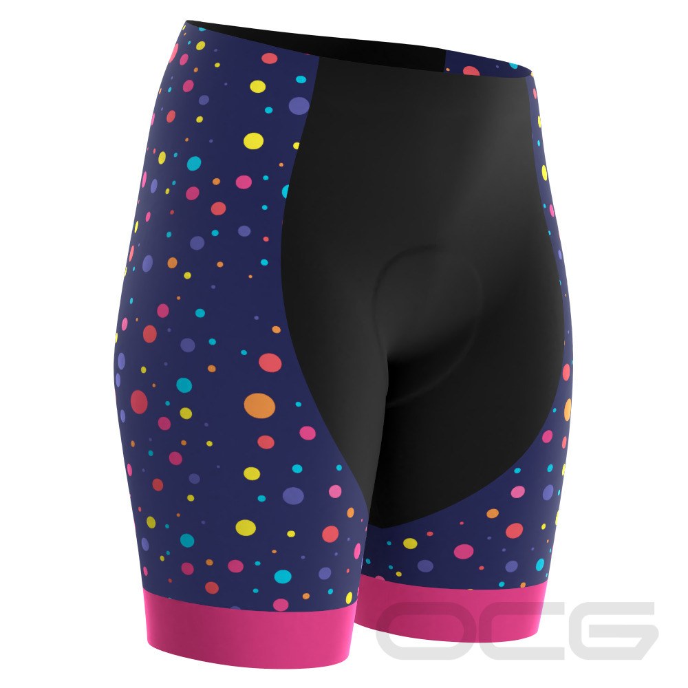 Women's Rainbow Polka Dots on Blue Gel Padded Cycling Shorts