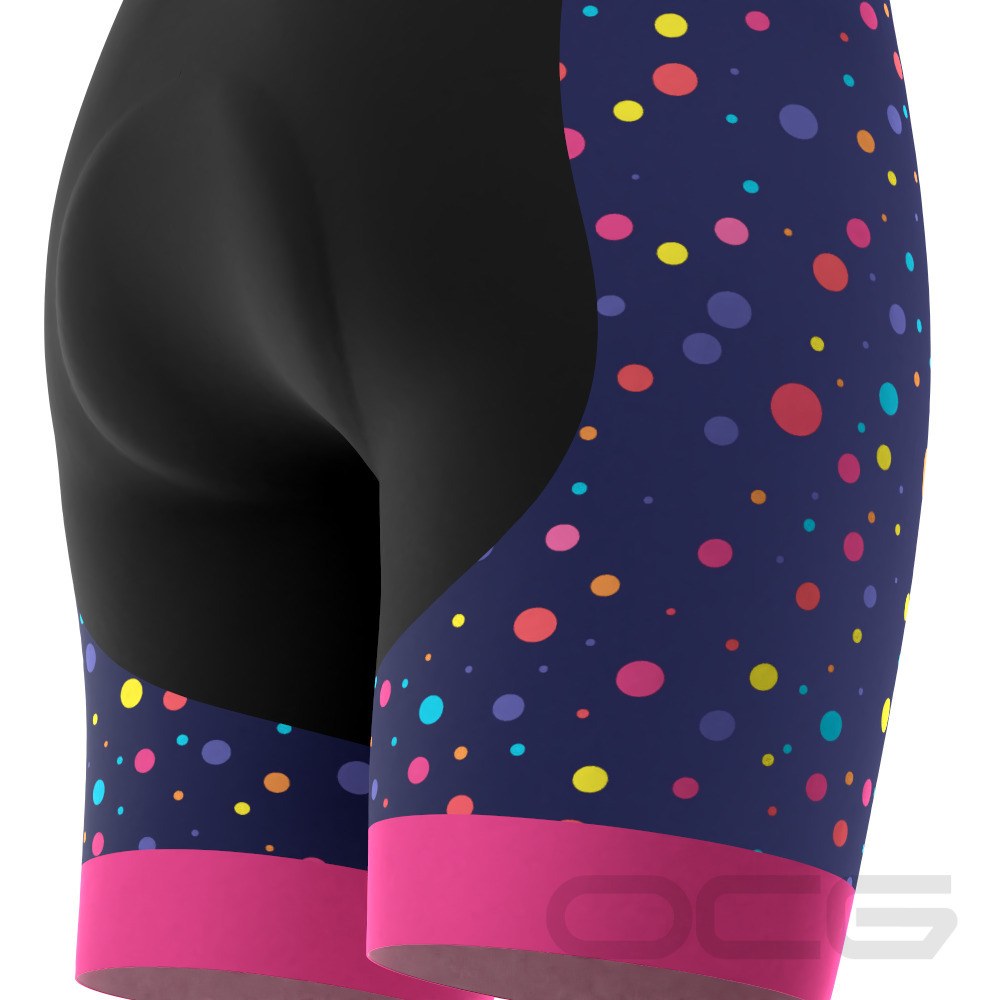 Women's Rainbow Polka Dots on Blue Gel Padded Cycling Shorts
