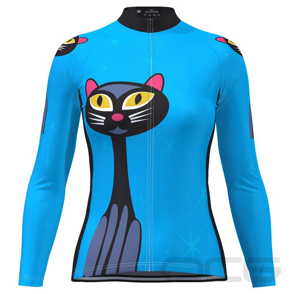 Women's Starry Night Cat Blue Long Sleeve Cycling Jersey