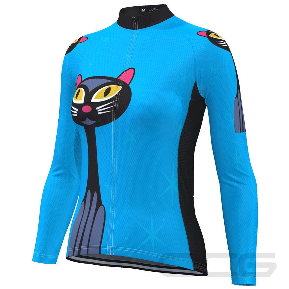 Women's Starry Night Cat Blue Long Sleeve Cycling Jersey