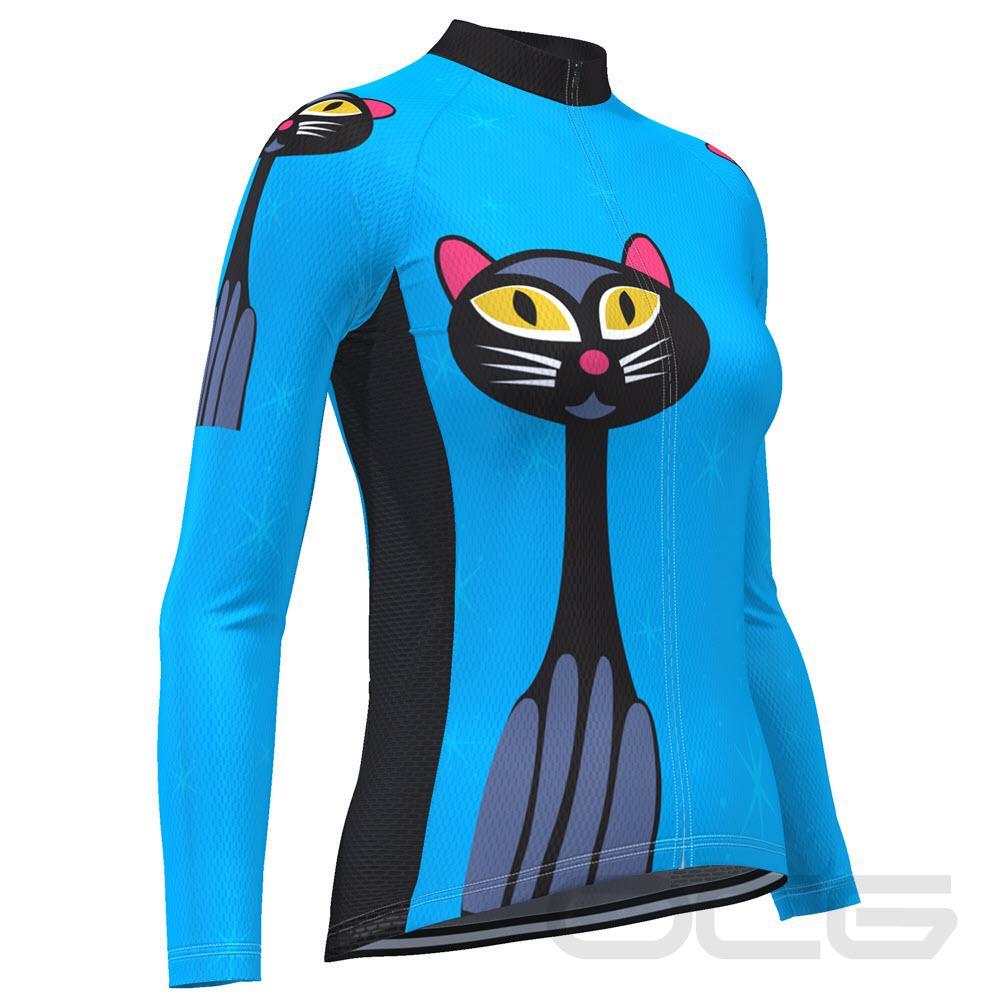 Women's Starry Night Cat Blue Long Sleeve Cycling Jersey