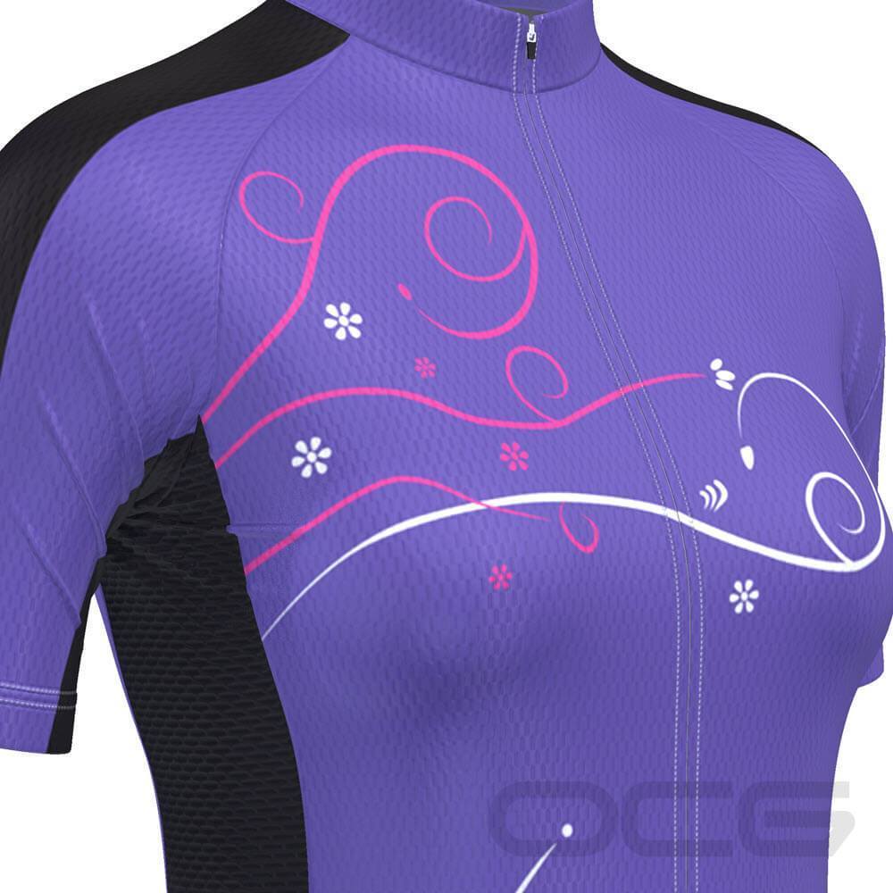 Women's Purple Floral Swirl Short Sleeve Cycling Jersey
