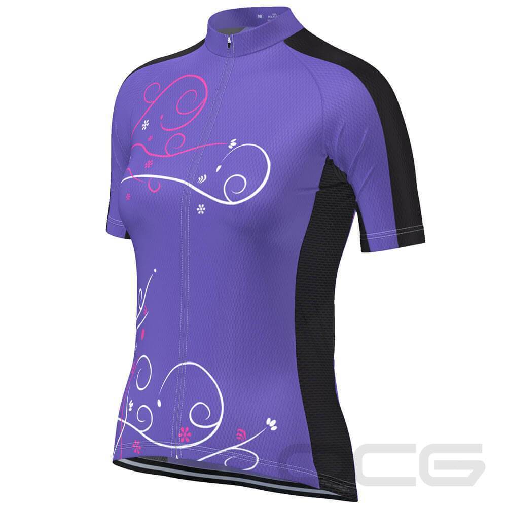 Women's Purple Floral Swirl Short Sleeve Cycling Jersey